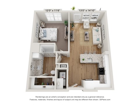 Floor plan for 1 bed, 1 bath, 678 sqft